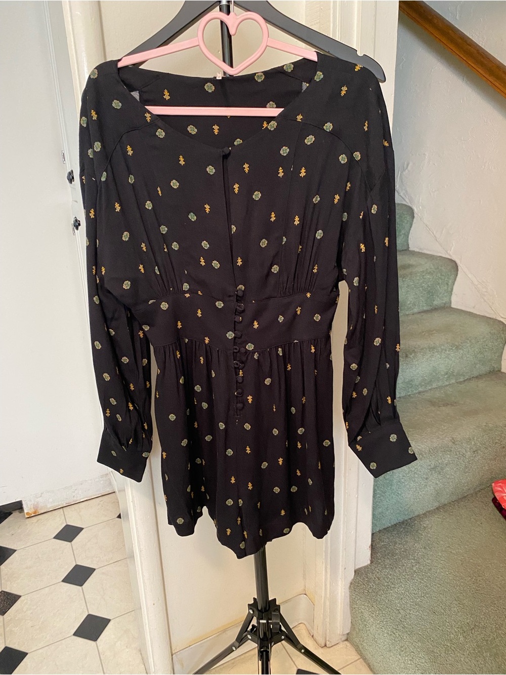 Free People Love Grows Long Sleeve Romper Floral Mini with Button up front